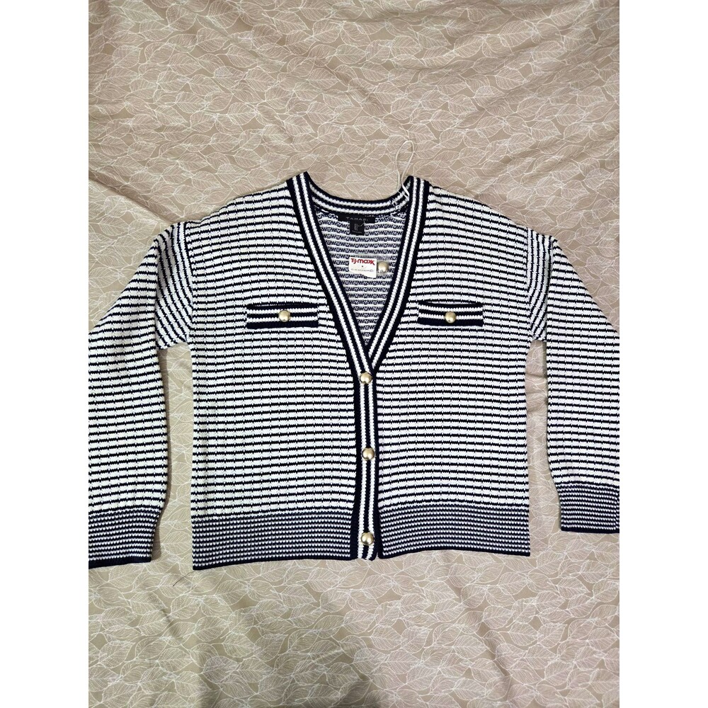 Tahari Navy White stripe button Long sleeve Sweater Large